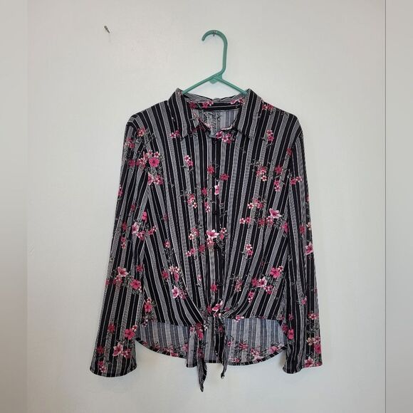 Floral Striped Blouse Tie Front Knotted Rose Boho Romantic Feminine Summer Large - Picture 5 of 9
